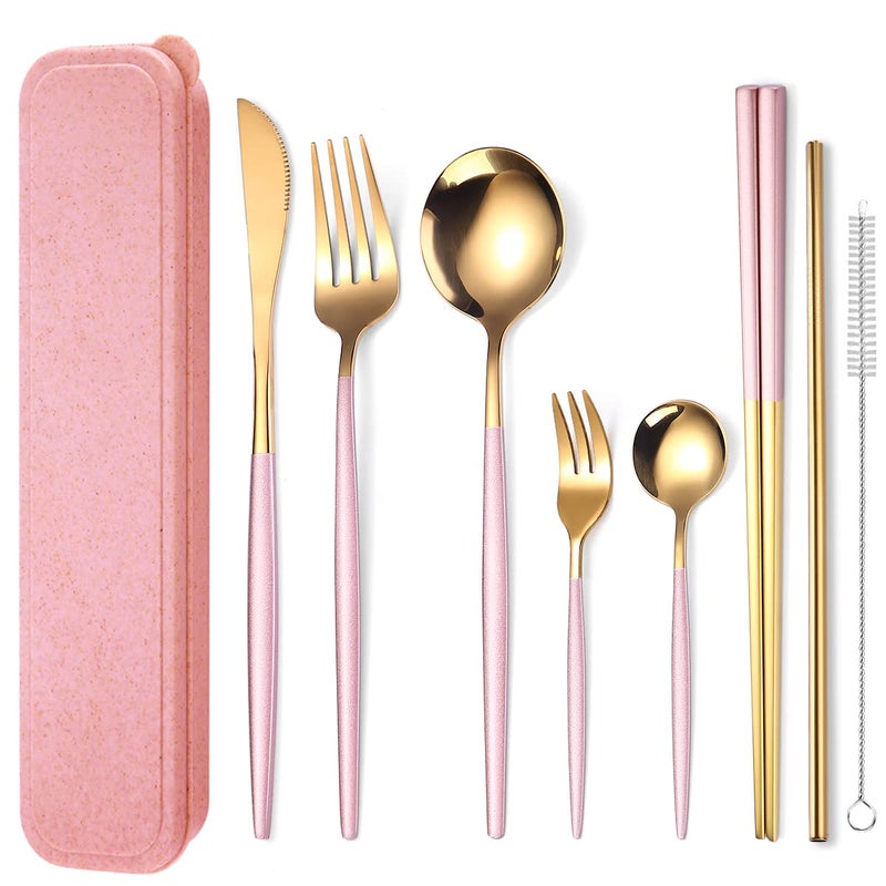 AARAINBOW 8 Pieces Stainless Steel Flatware Set Portable Reusable Cutlery Set Travel Utensils Set Including Chopsticks Knife Fork Spoon Straws Cleaning Brush Dishwasher Safe (Pink Golden) - Image 1